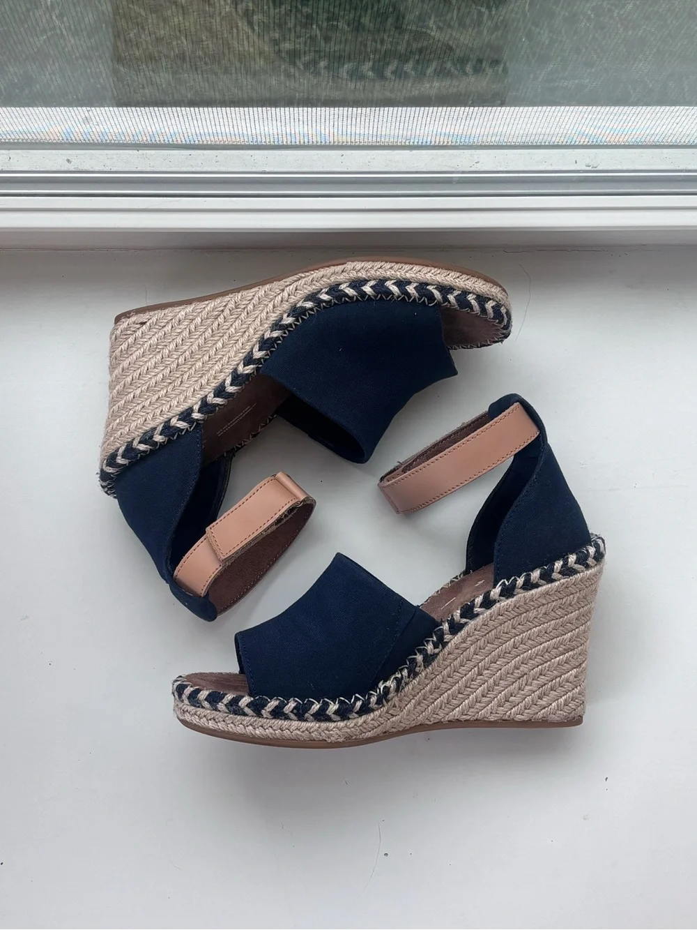 Toms Navy Canvas Espadrille Wedge Sandals with Tan Ankle Straps